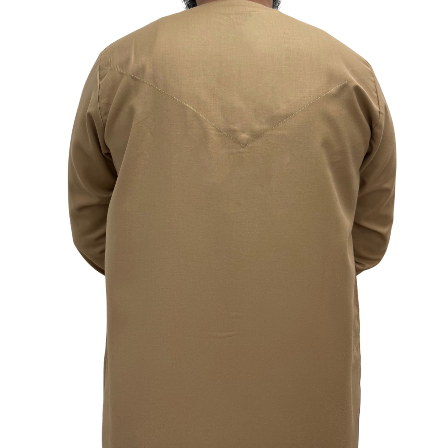 Back view of a plain Beige Omani thobe showing straight cut design and smooth fabric finish