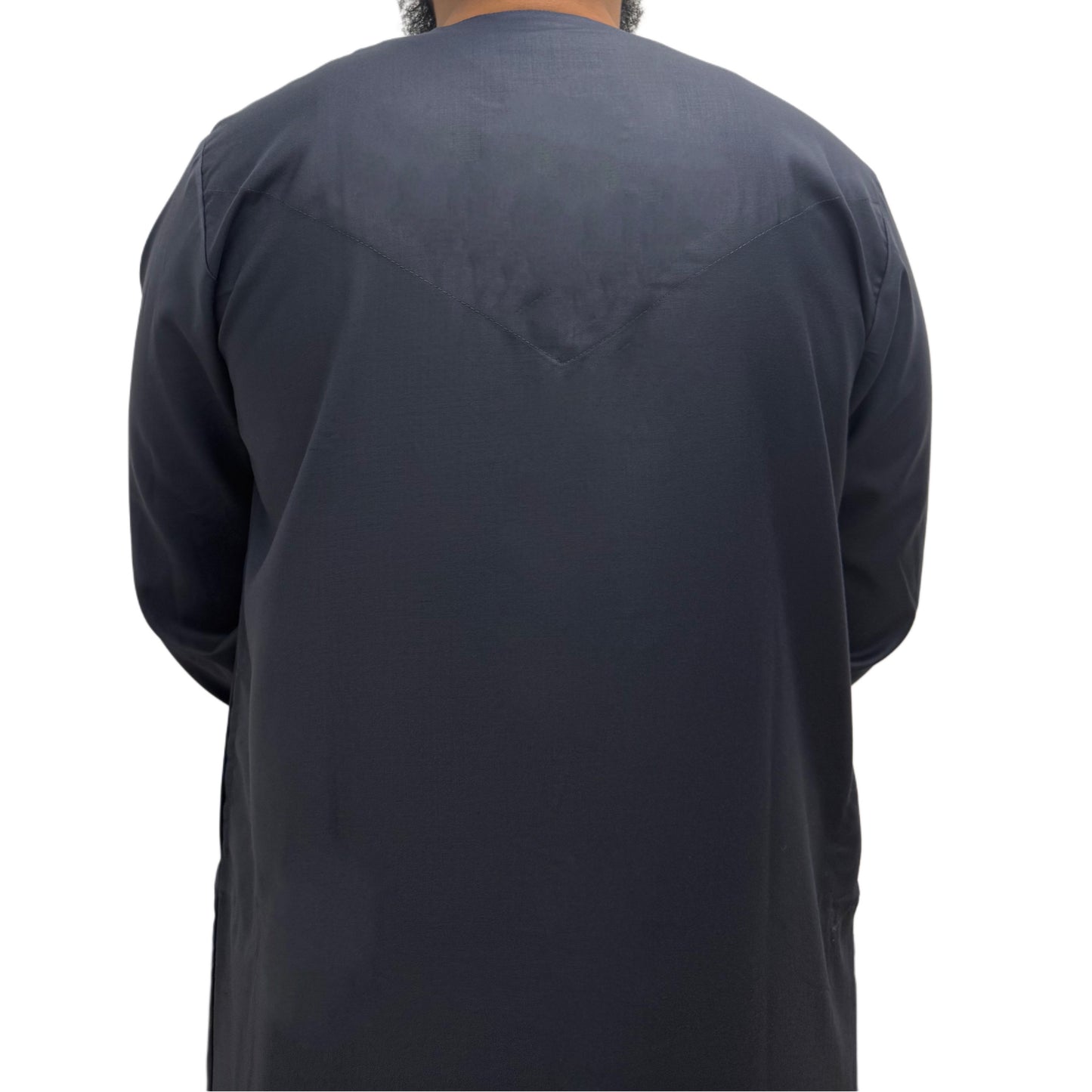 Back view of a plain Blue Grey Omani thobe showing straight cut design and smooth fabric finish