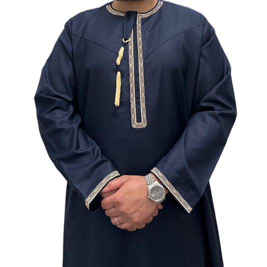 Navy Blue Embroidered Omani Thobe, front view showing gold-tone embroidery and tassel.