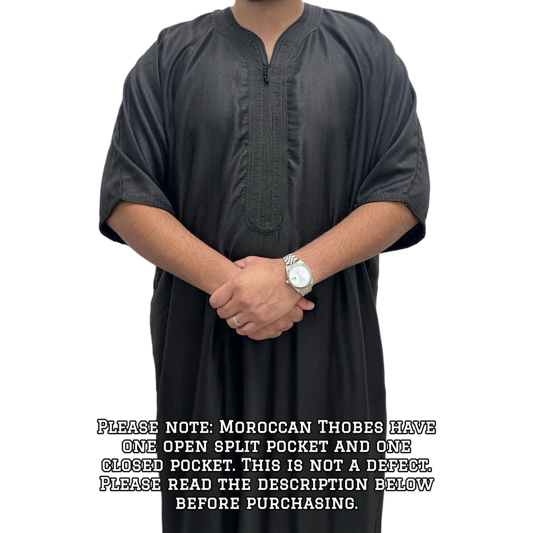 Black Moroccan Gandoura Thobe, front view with hands clasped.
