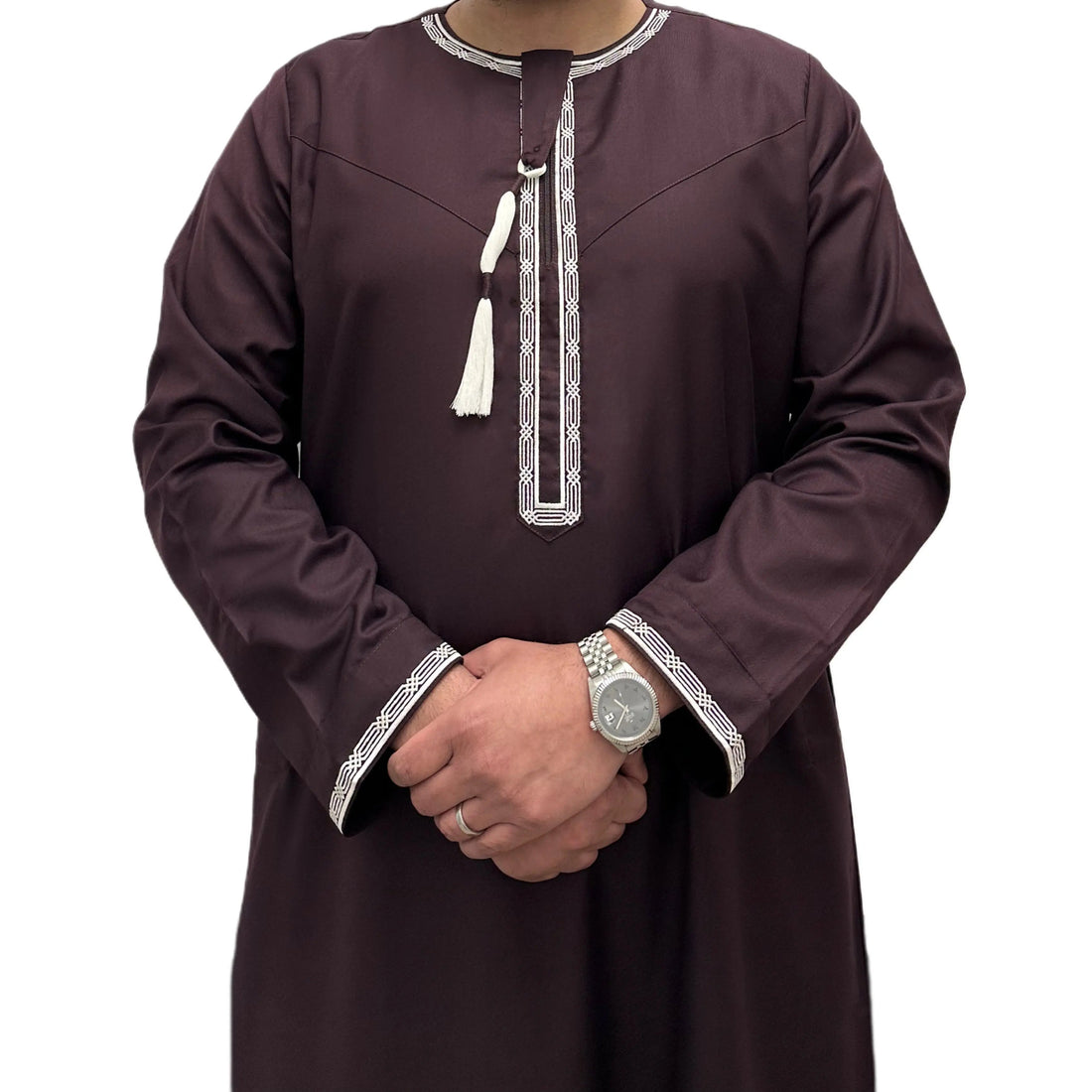 Burgundy Embroidered Omani Thobe, front view showing pale embroidery and tassel.