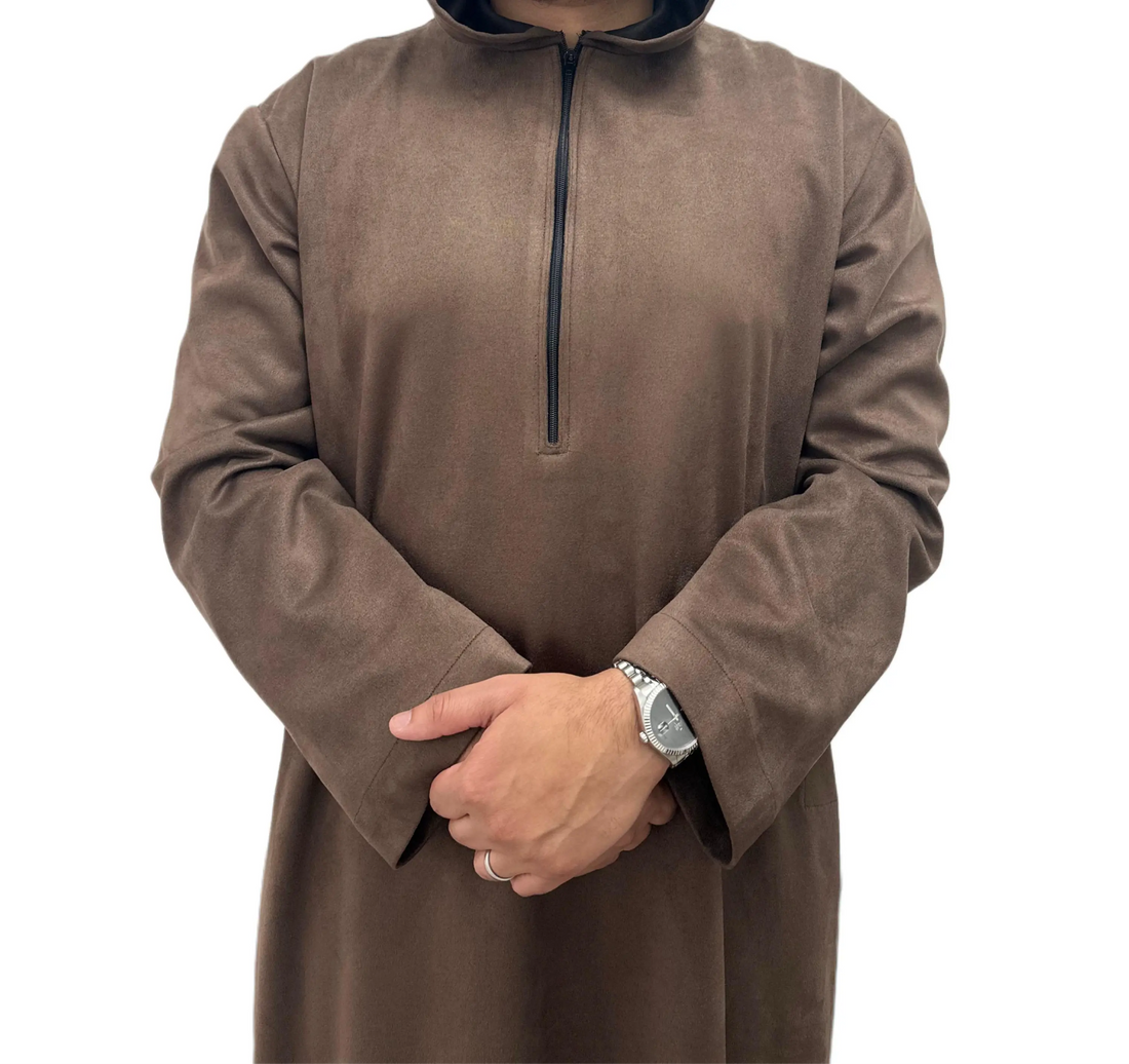 Brown Hooded Suede Thobe, front view showing the hood and zip neckline.