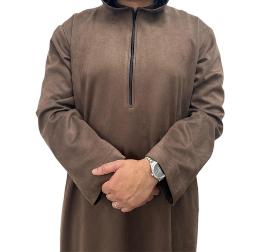 Brown Hooded Suede Thobe, front view showing the hood and zip neckline.