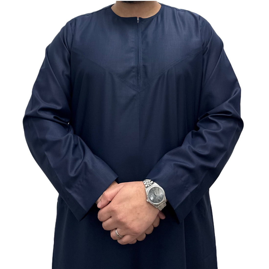 Navy Blue Omani Thobe, front view showing tonal neckline stitching.