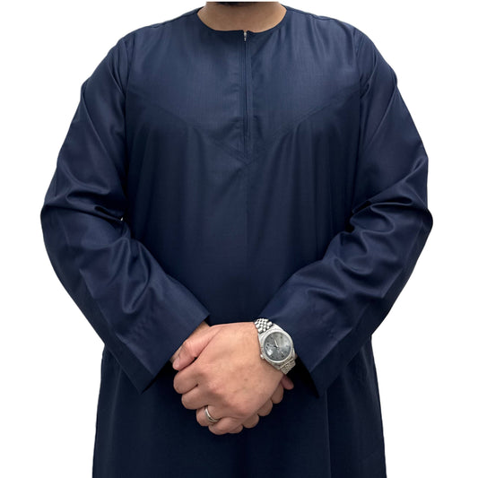 Navy Blue Omani Thobe, front view showing tonal neckline stitching.
