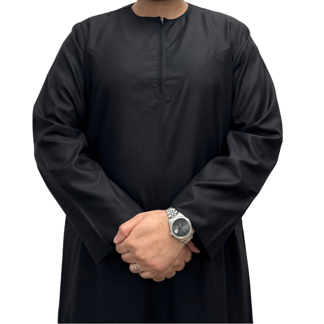 Black Omani Thobe, front view showing tonal neckline stitching.