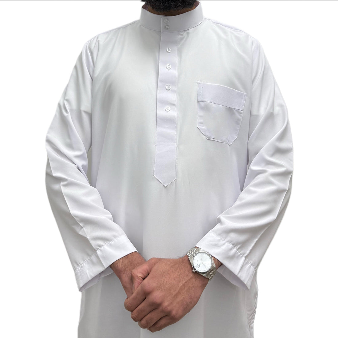 White Saudi Thobe, front view showing the stand collar and chest pocket.