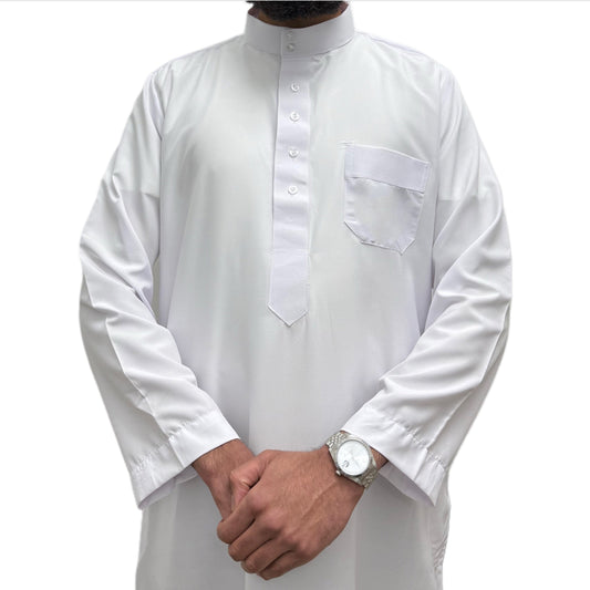 White Saudi Thobe, front view showing the stand collar and chest pocket.