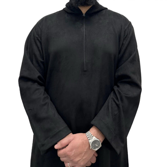 Hooded Suede Black Thobe, front view showing the zip neckline.