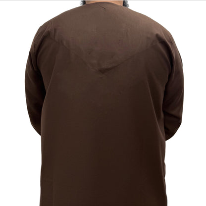 Back view of a plain brown Omani thobe showing straight cut design and smooth fabric finish