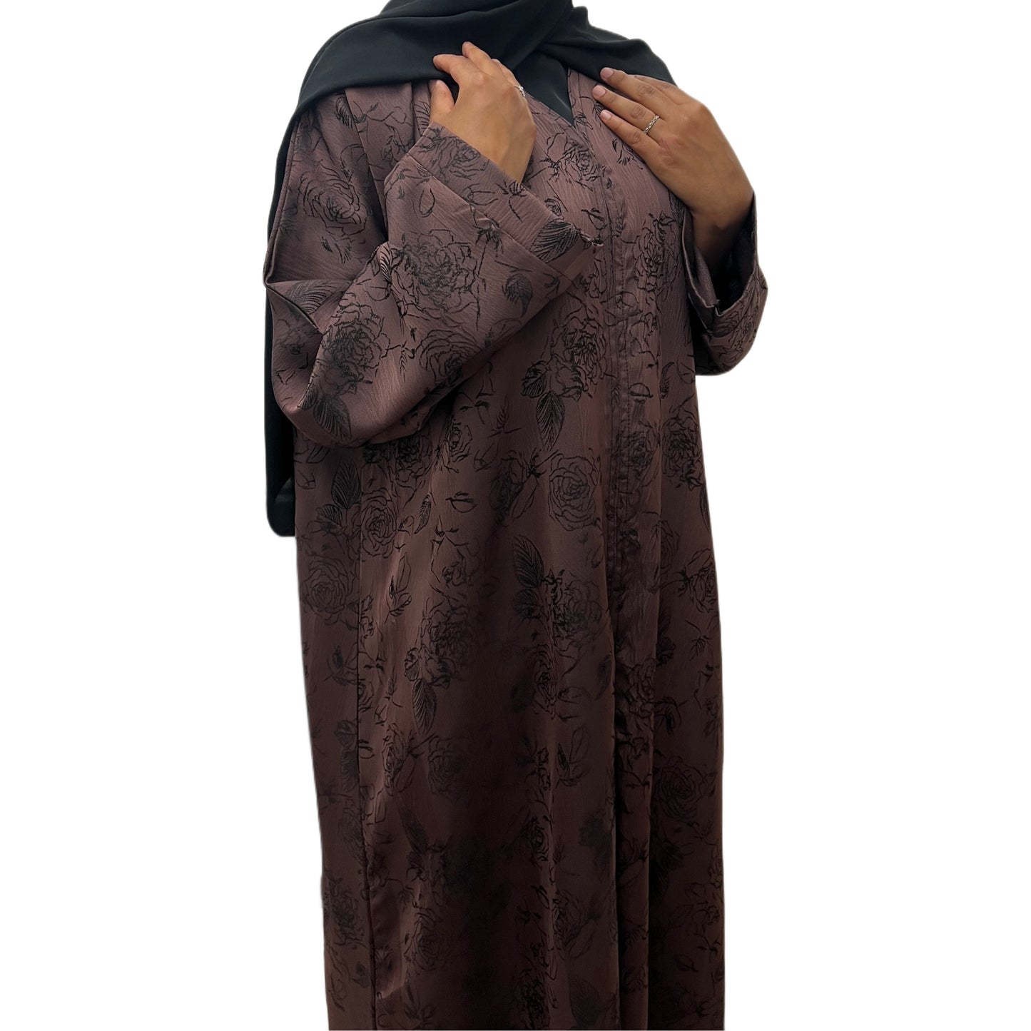Brown Open Abaya Floral Embroidered