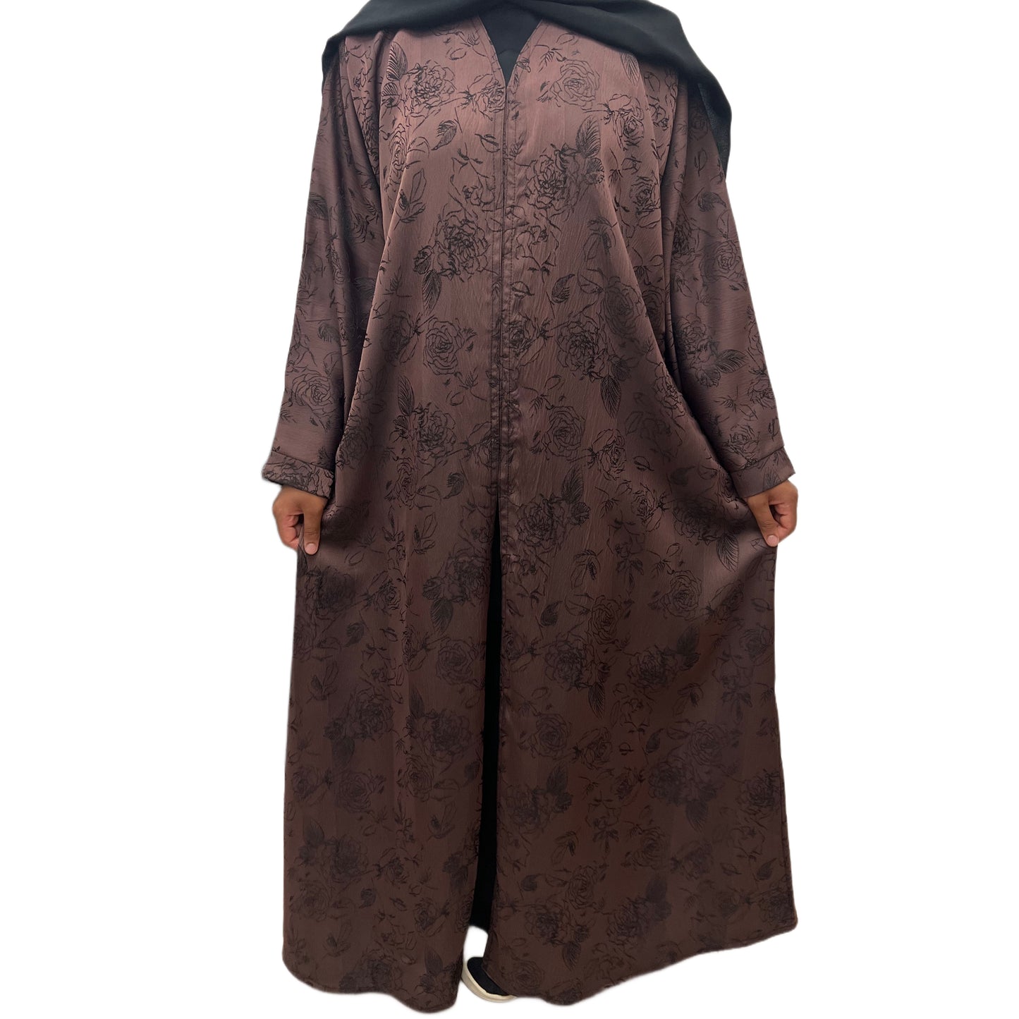 Brown Open Abaya Floral Embroidered