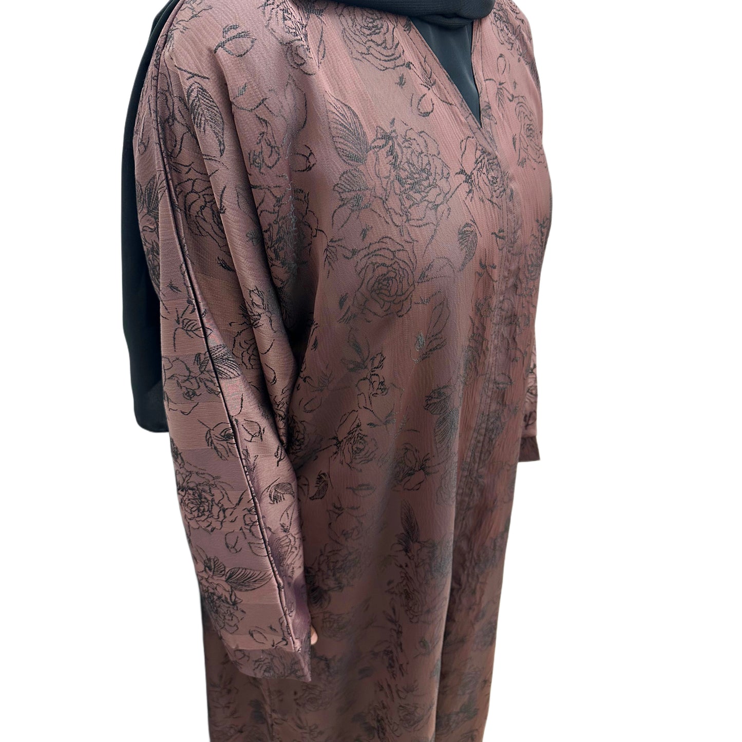 Brown Open Abaya Floral Embroidered