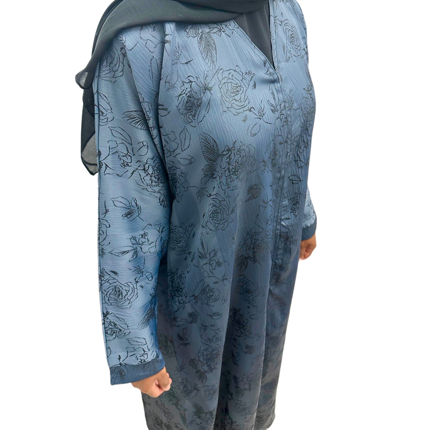 Blue Open Abaya Floral Embroidered