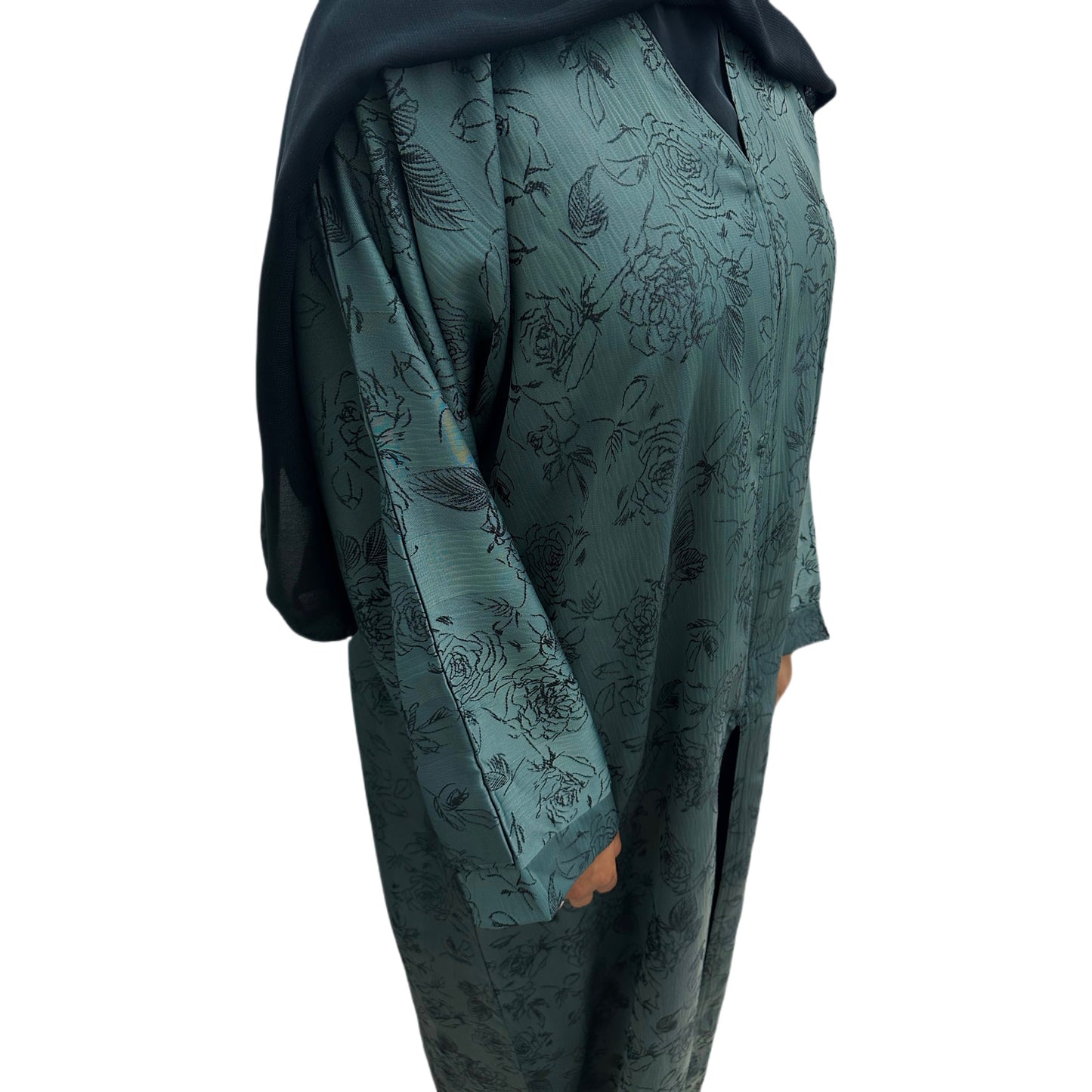 Green Open Abaya Floral Embroidered