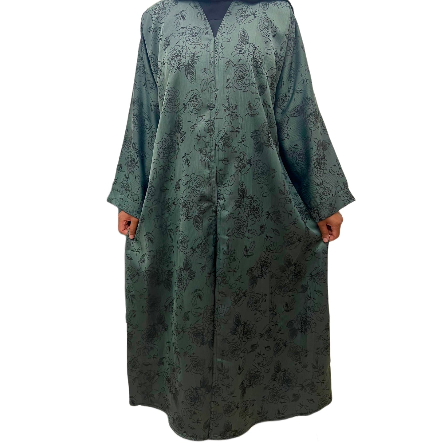 Green Open Abaya Floral Embroidered