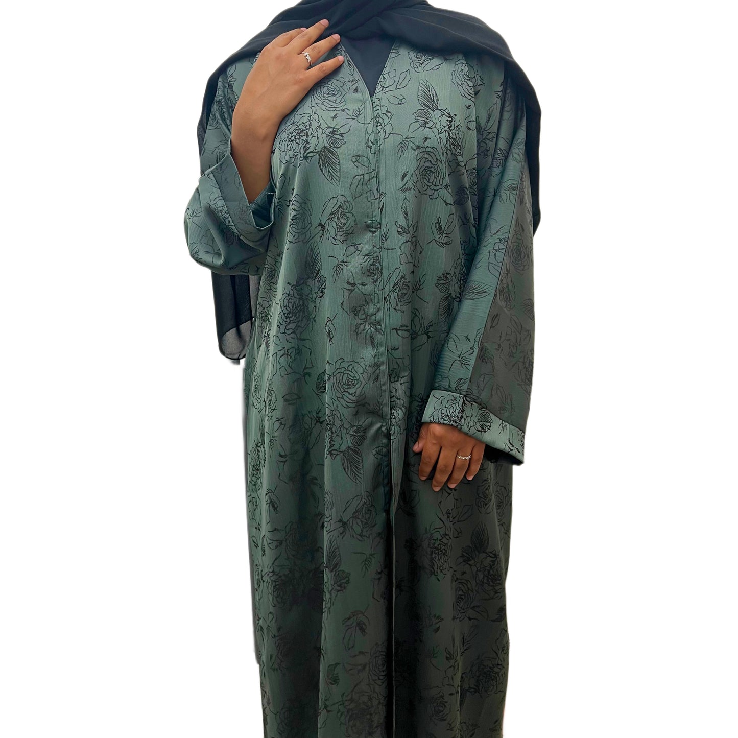 Green Open Abaya Floral Embroidered