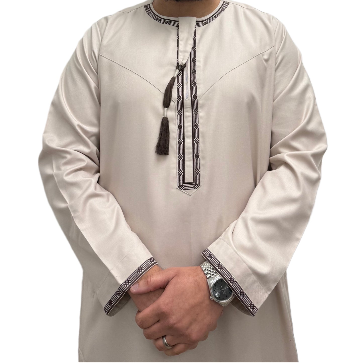 Light Brown Embroidered Omani Thobe Sahara Styles Front View