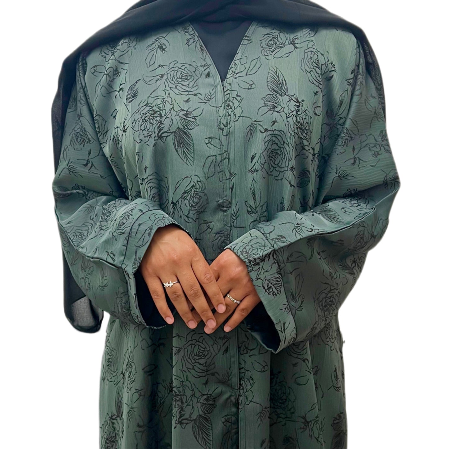 Green Open Abaya Floral Embroidered