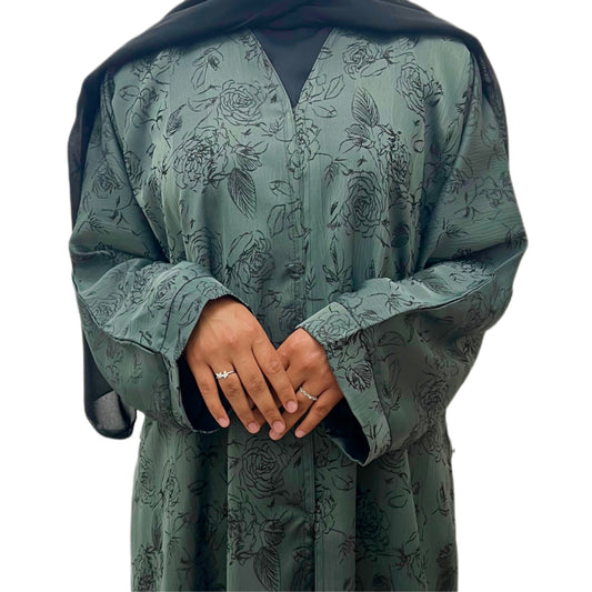 Green Open Abaya Floral Embroidered