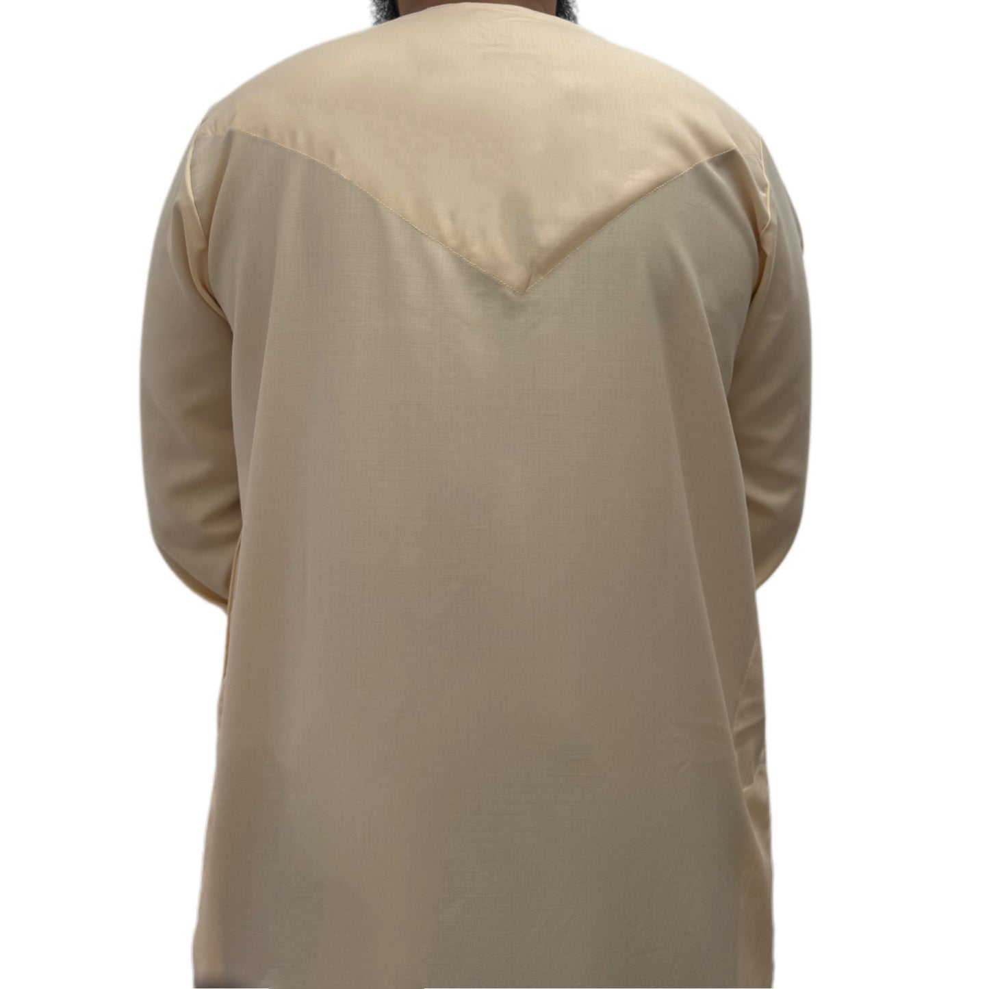 Back view of a plain cream Omani thobe showing straight cut design and smooth fabric finish