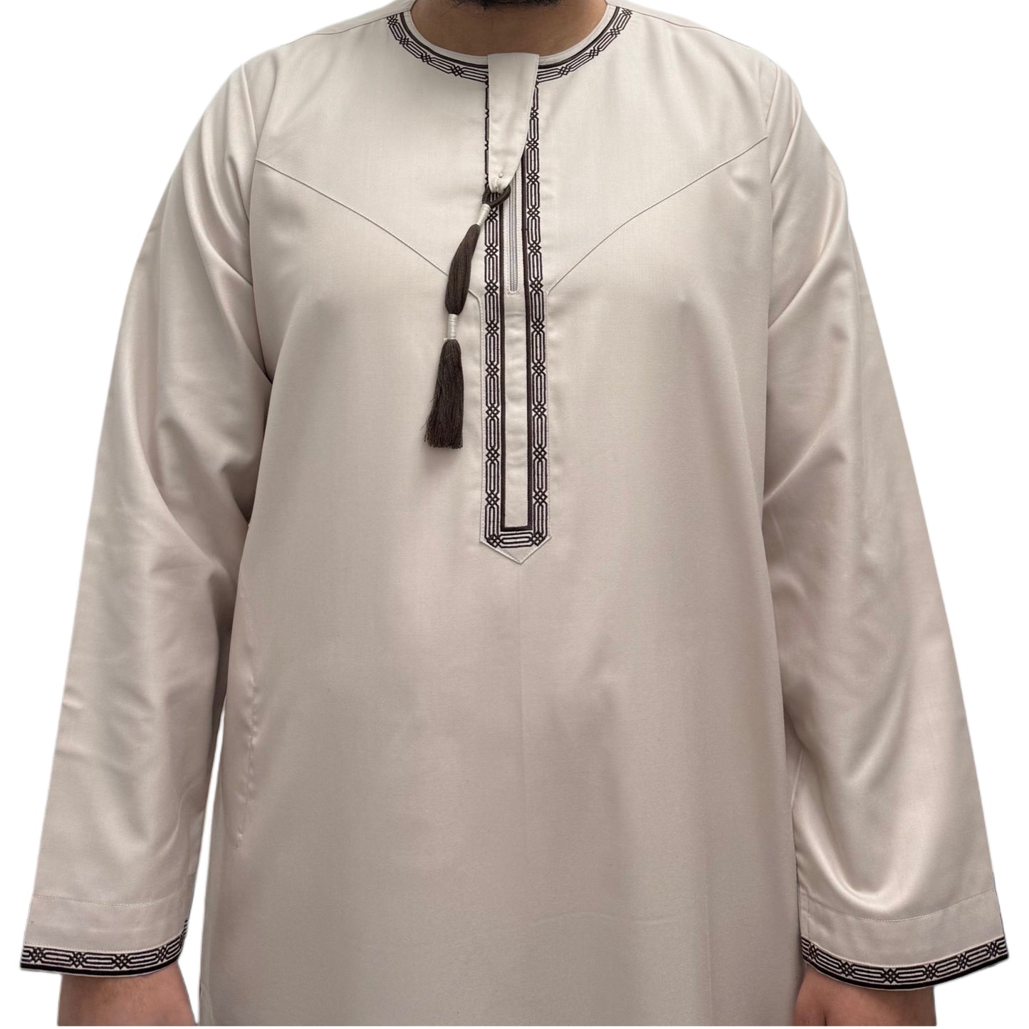 Light Brown Embroidered Omani Thobe Sahara Styles Front View