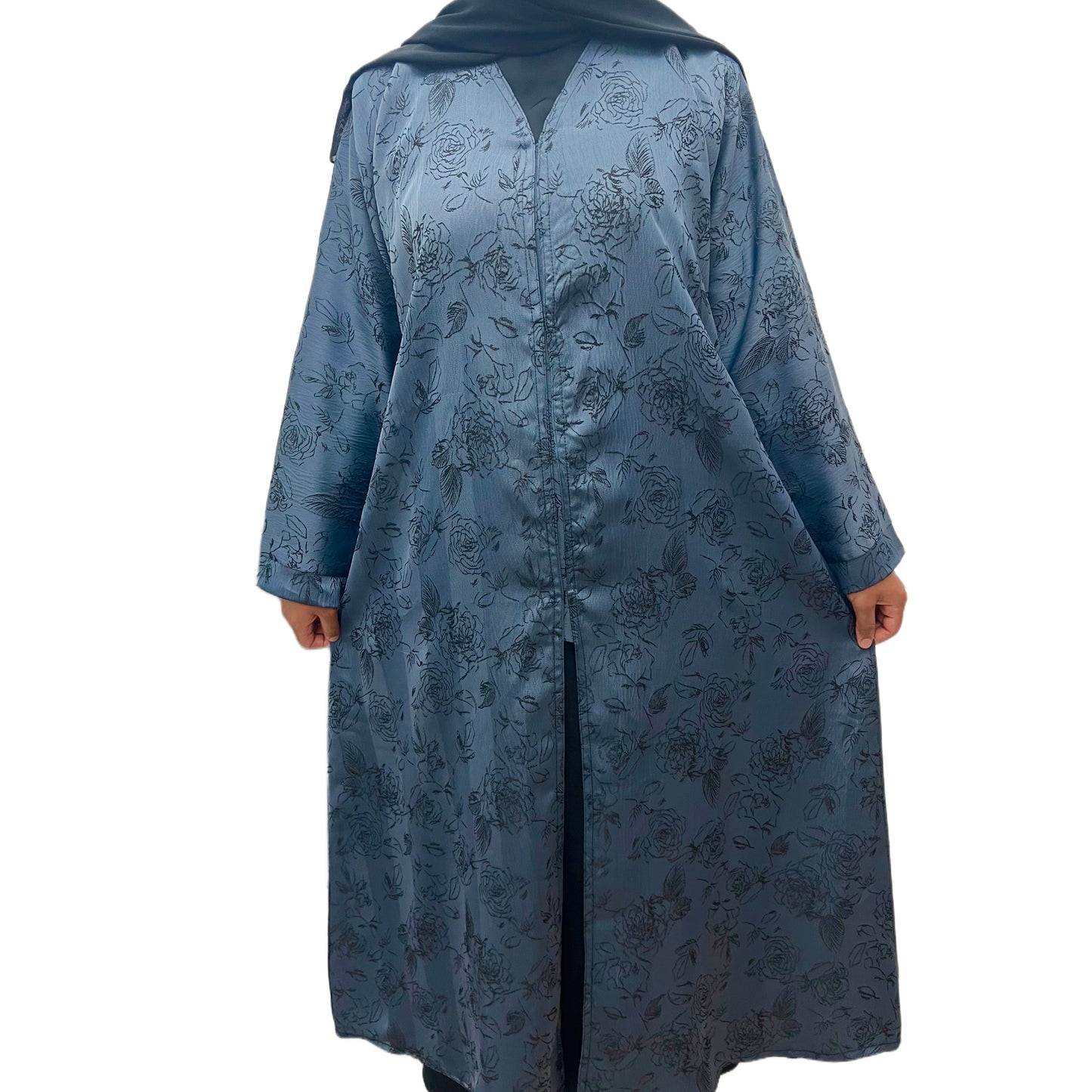Blue Open Abaya Floral Embroidered