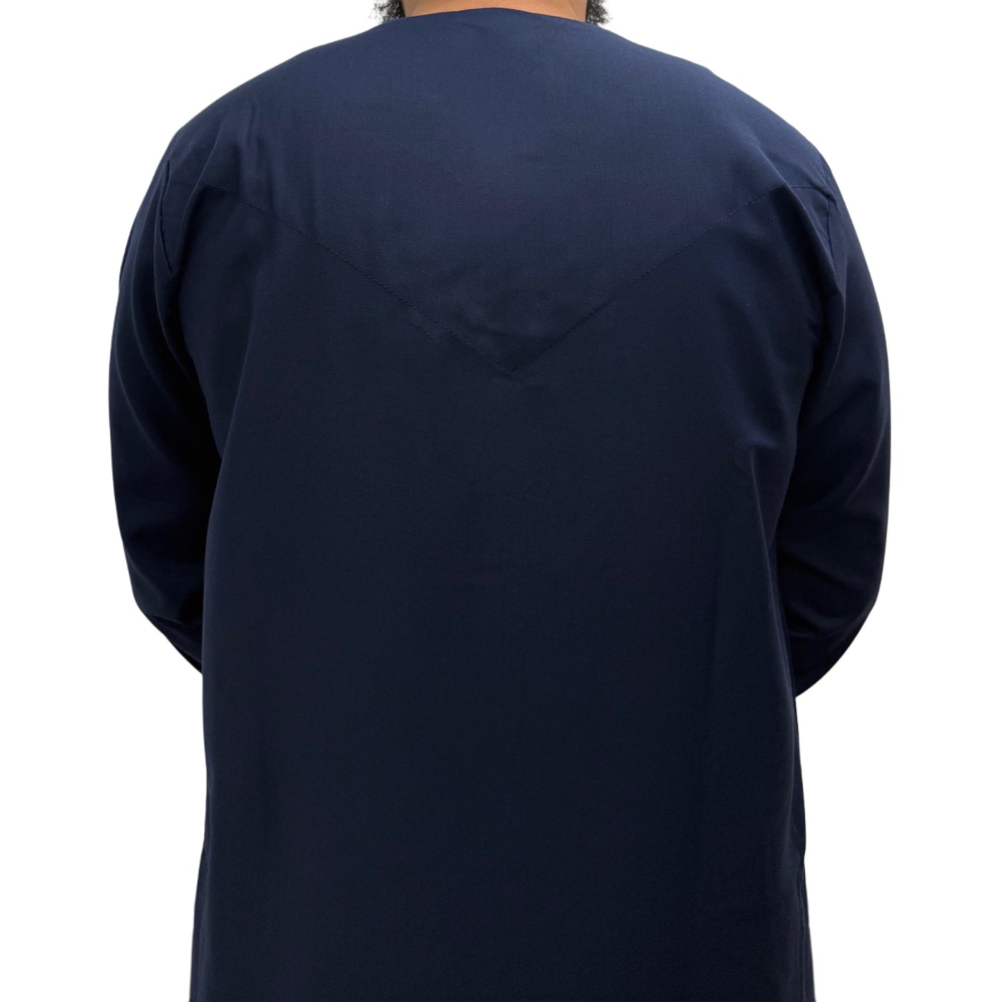 Back view of a plain Navy Blue Omani thobe showing straight cut design and smooth fabric finish