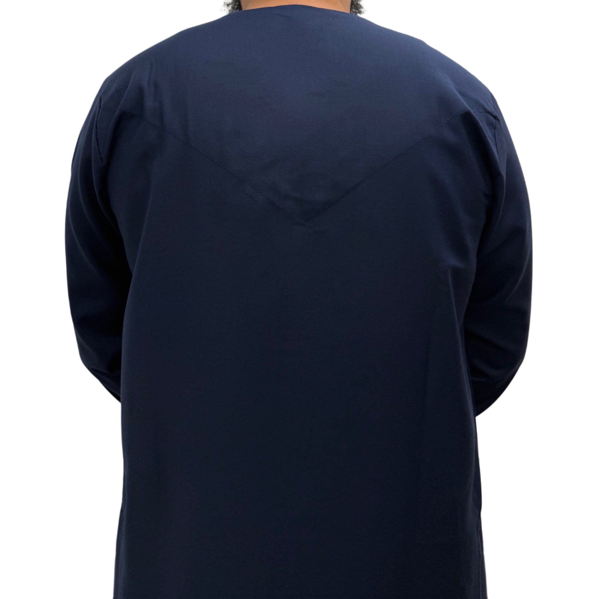 Back view of a plain Navy Blue Omani thobe showing straight cut design and smooth fabric finish