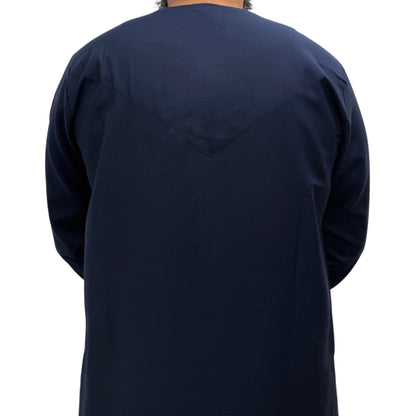 Back view of a plain Navy Blue Omani thobe showing straight cut design and smooth fabric finish