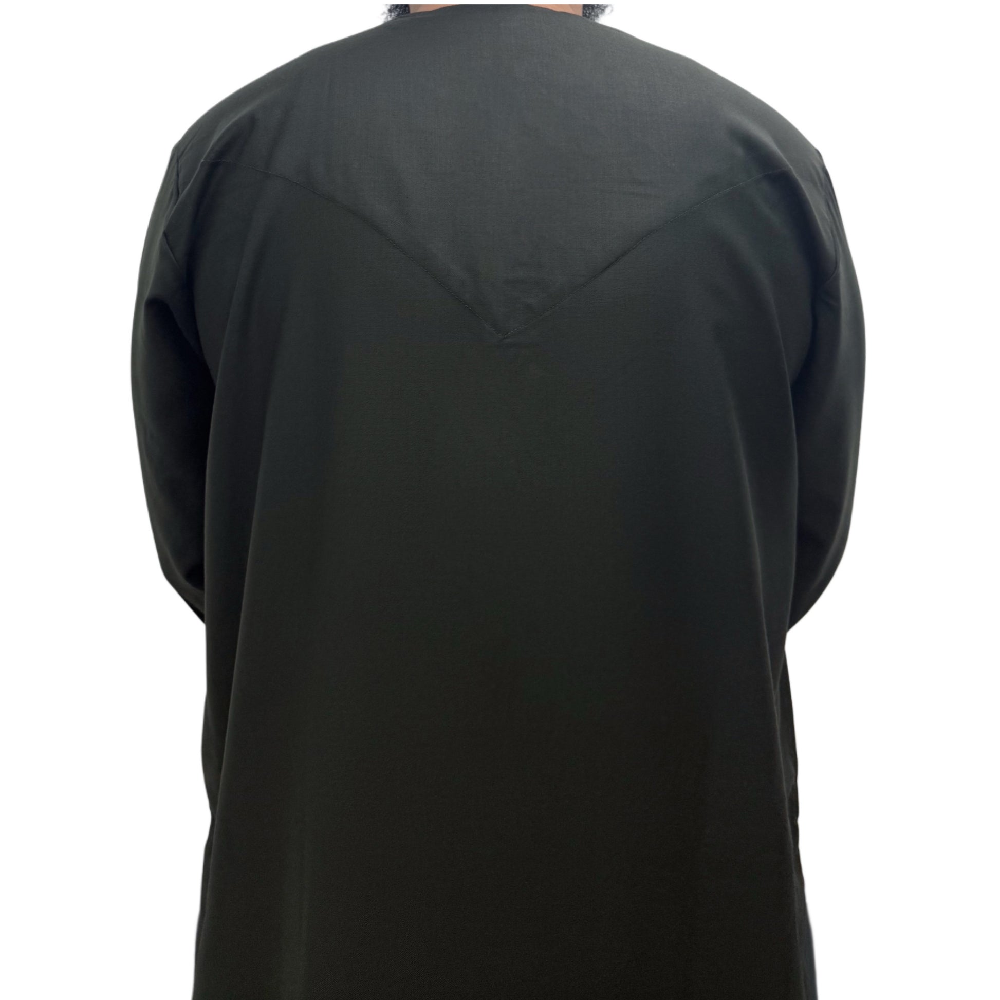 Back view of a plain Khaki Green Omani thobe showing straight cut design and smooth fabric finish