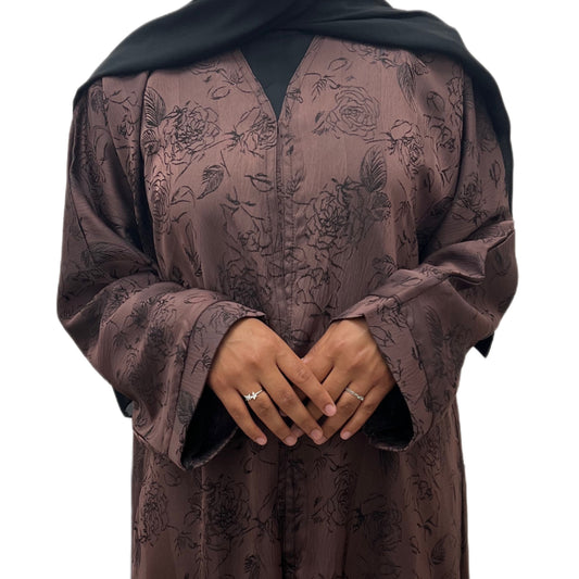 Brown Open Abaya Floral Embroidered