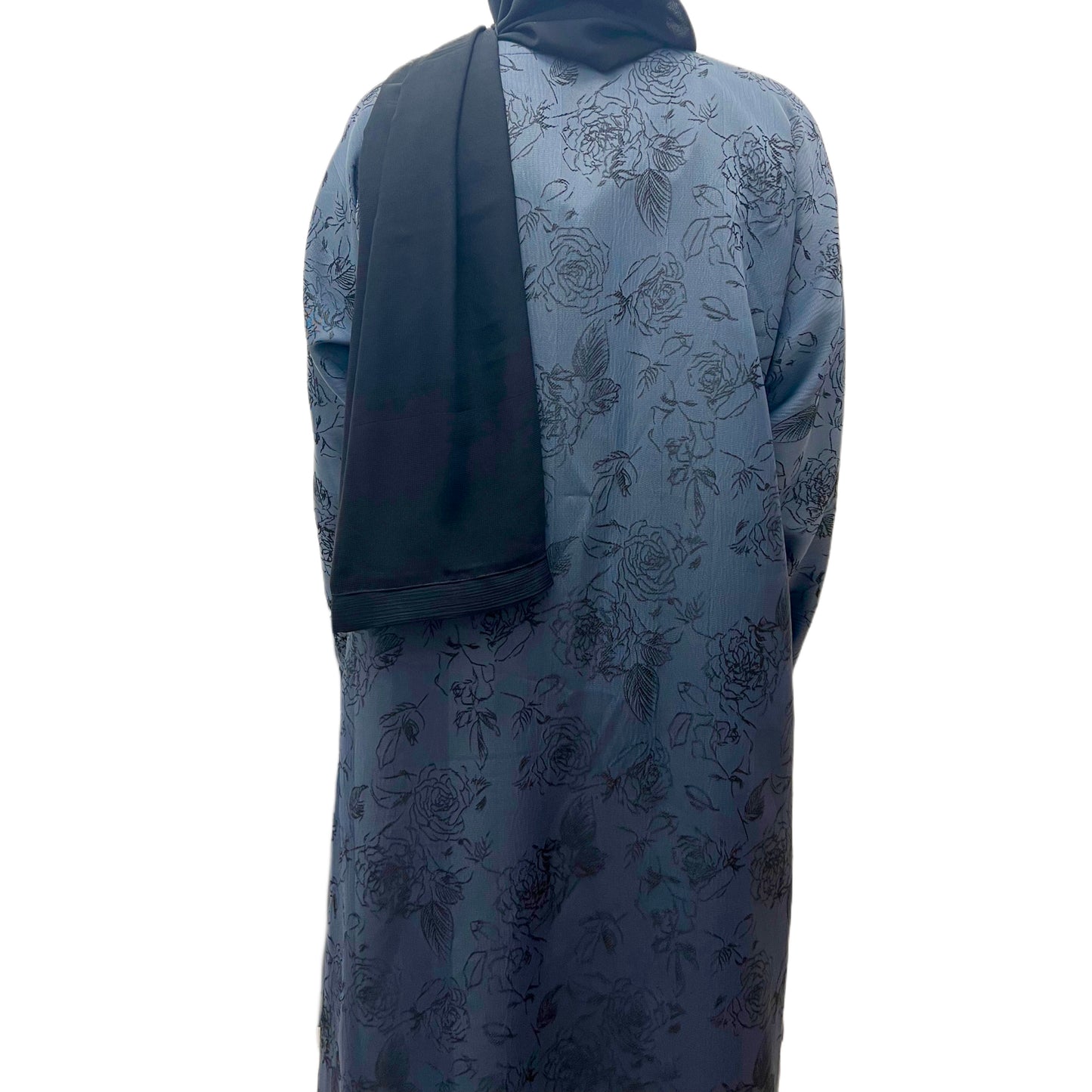 Blue Open Abaya Floral Embroidered