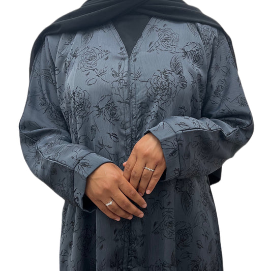 Blue Open Abaya Floral Embroidered