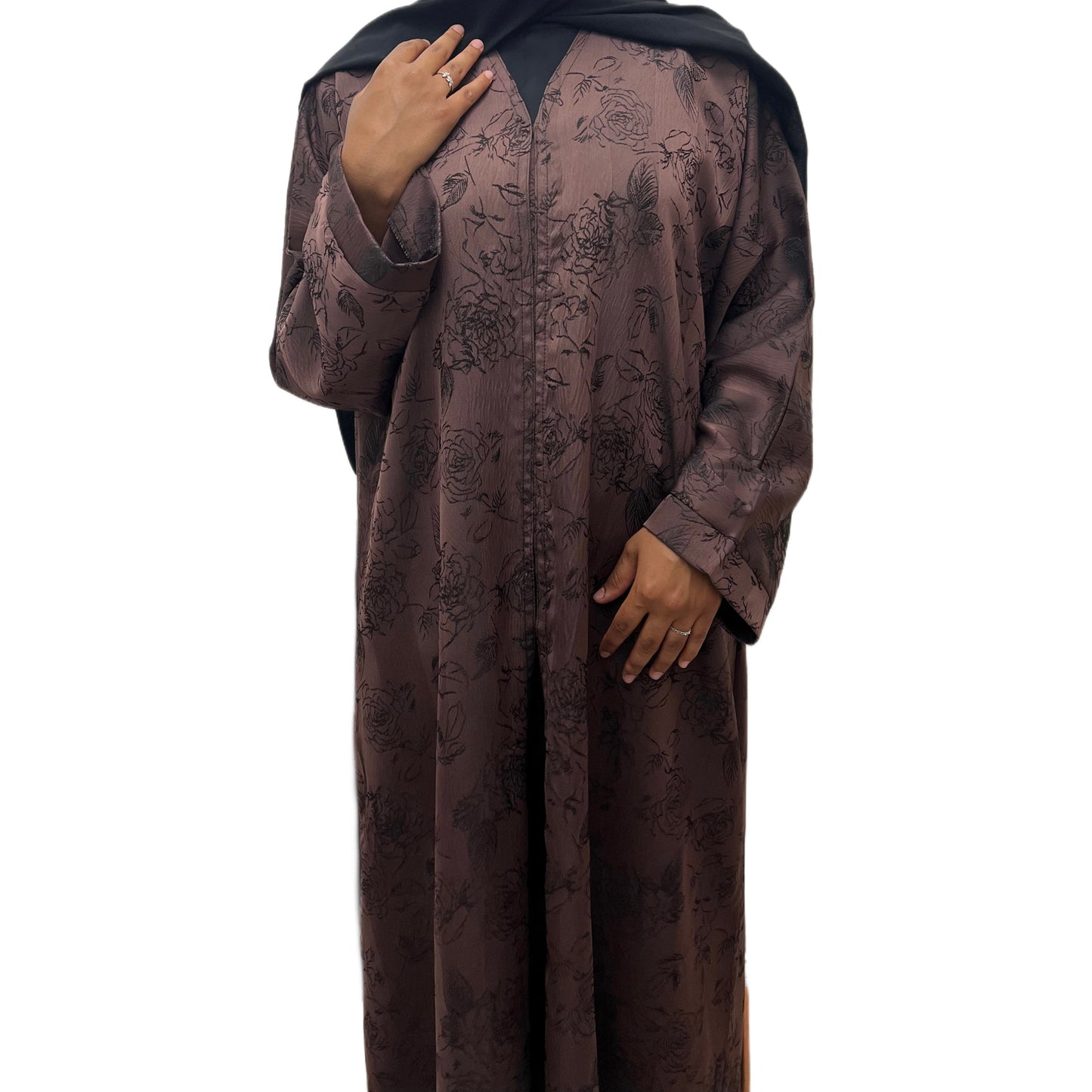 Brown Open Abaya Floral Embroidered