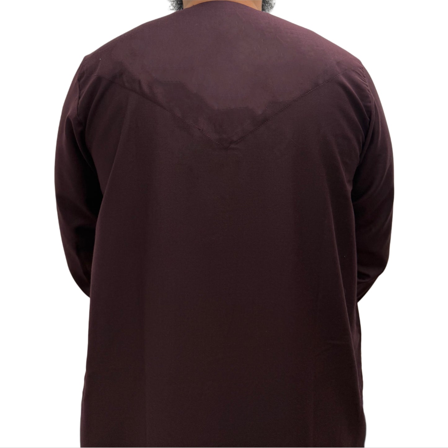 Back view of a plain brown Omani thobe showing straight cut design and smooth fabric finish