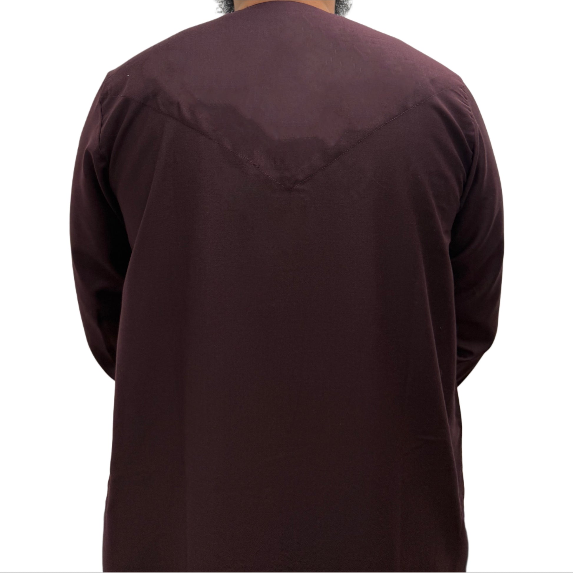 Back view of a plain brown Omani thobe showing straight cut design and smooth fabric finish