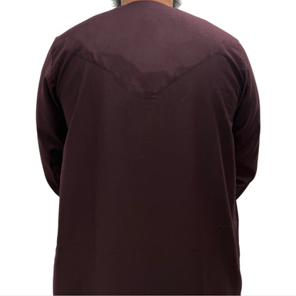 Back view of a plain brown Omani thobe showing straight cut design and smooth fabric finish