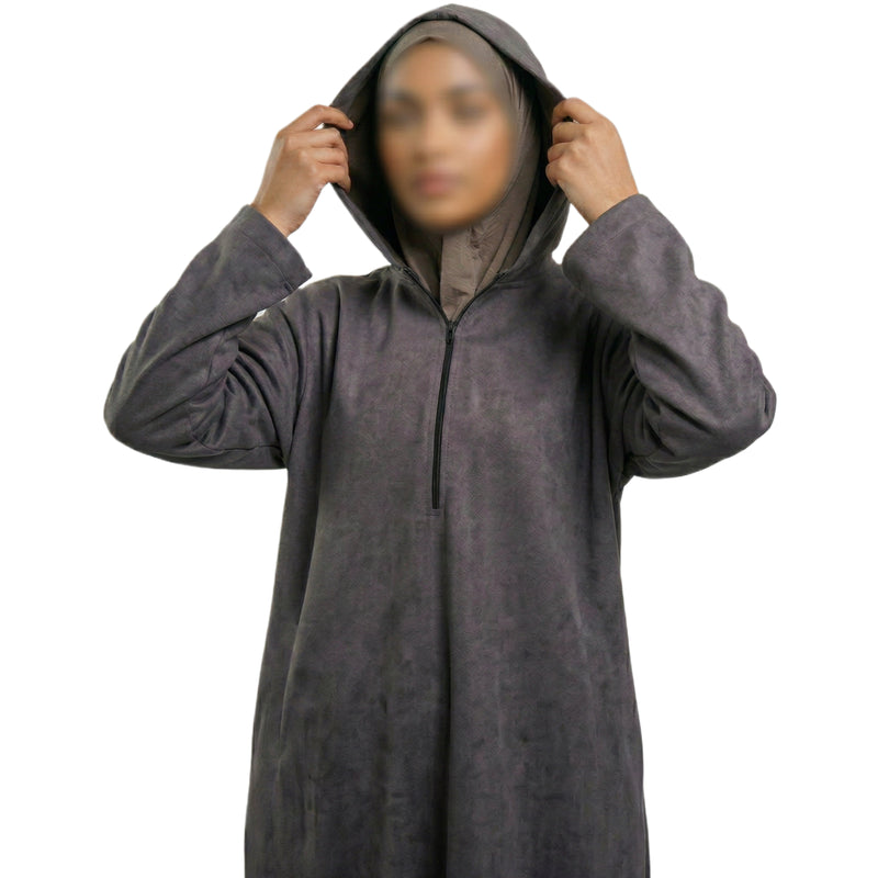 Grey Hooded Suede Women’s Abaya, front view with the hood raised.
