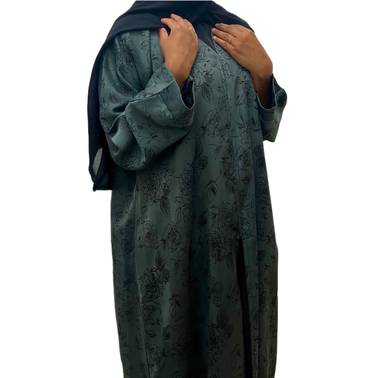Green Open Abaya Floral Embroidered