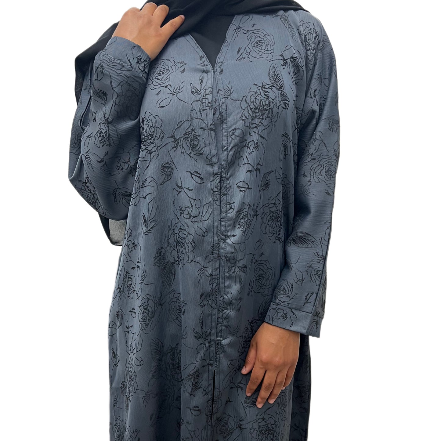 Blue Open Abaya Floral Embroidered