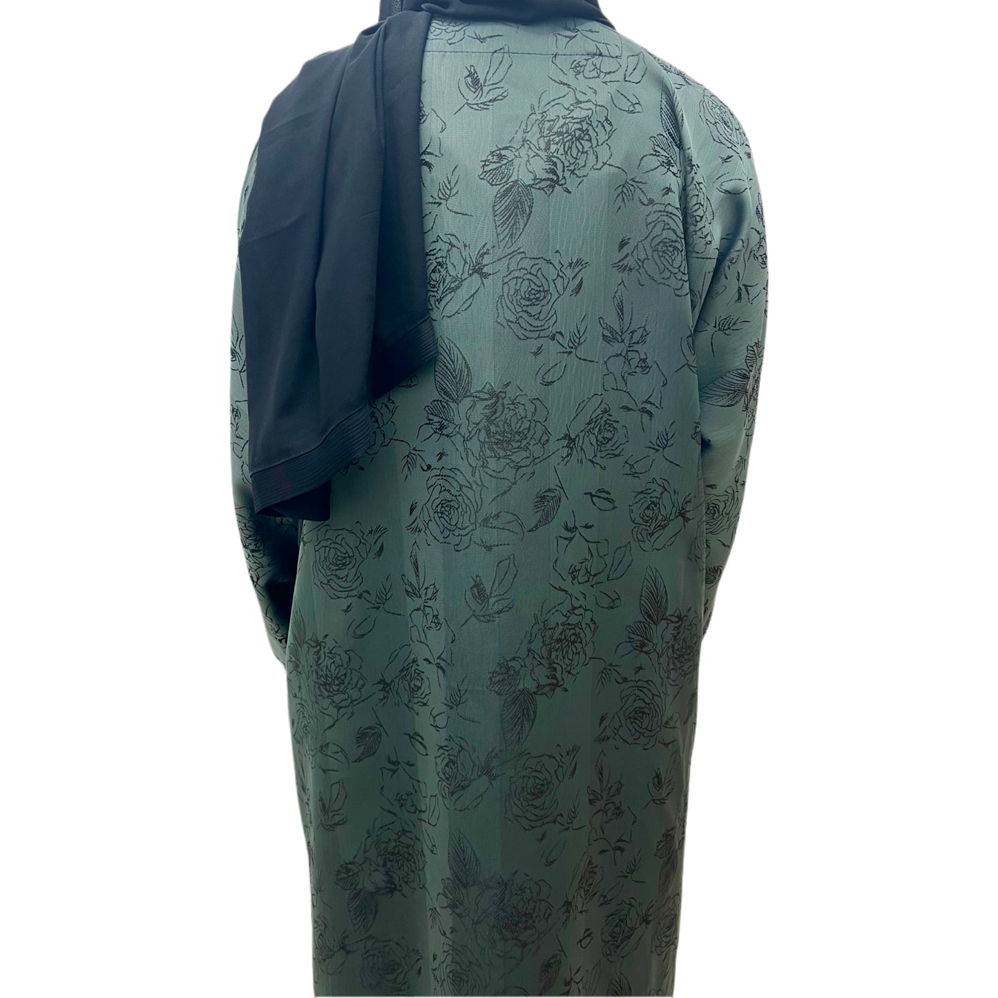 Green Open Abaya Floral Embroidered
