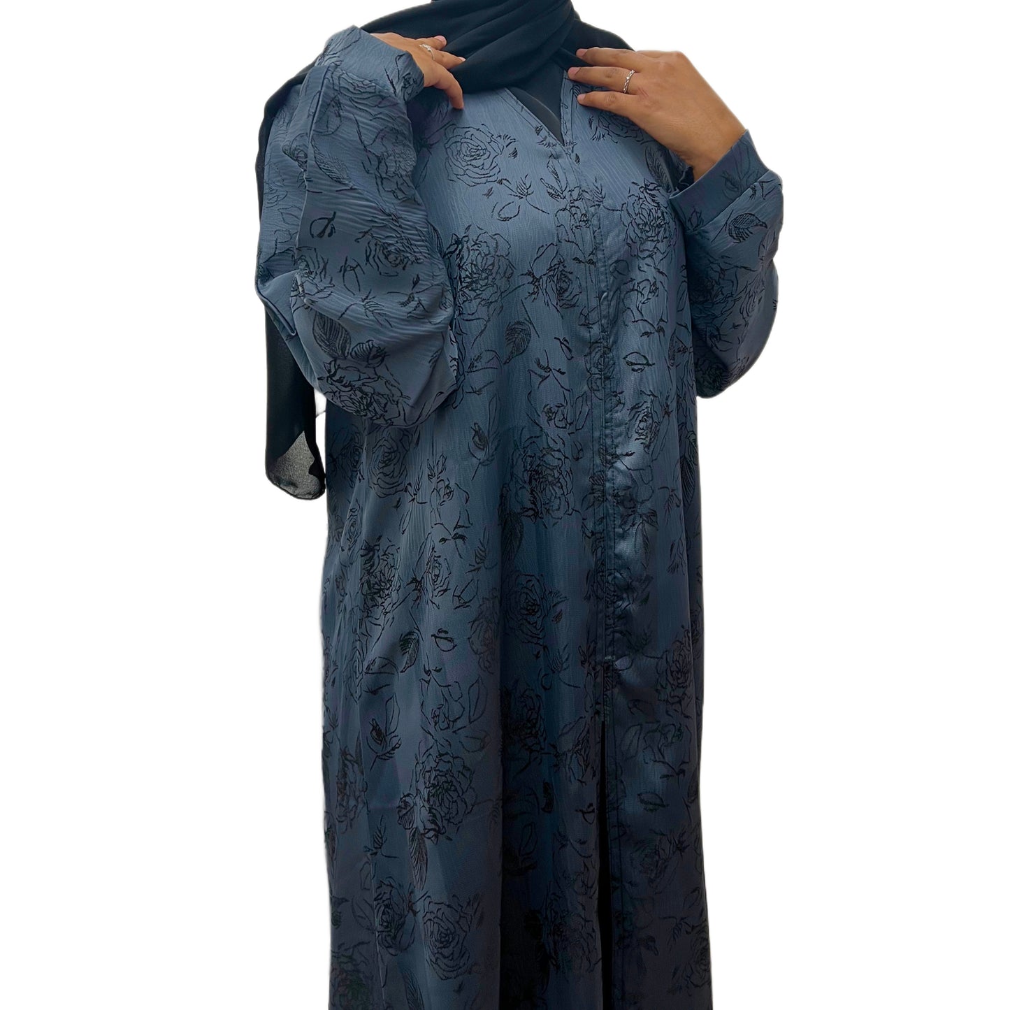 Blue Open Abaya Floral Embroidered
