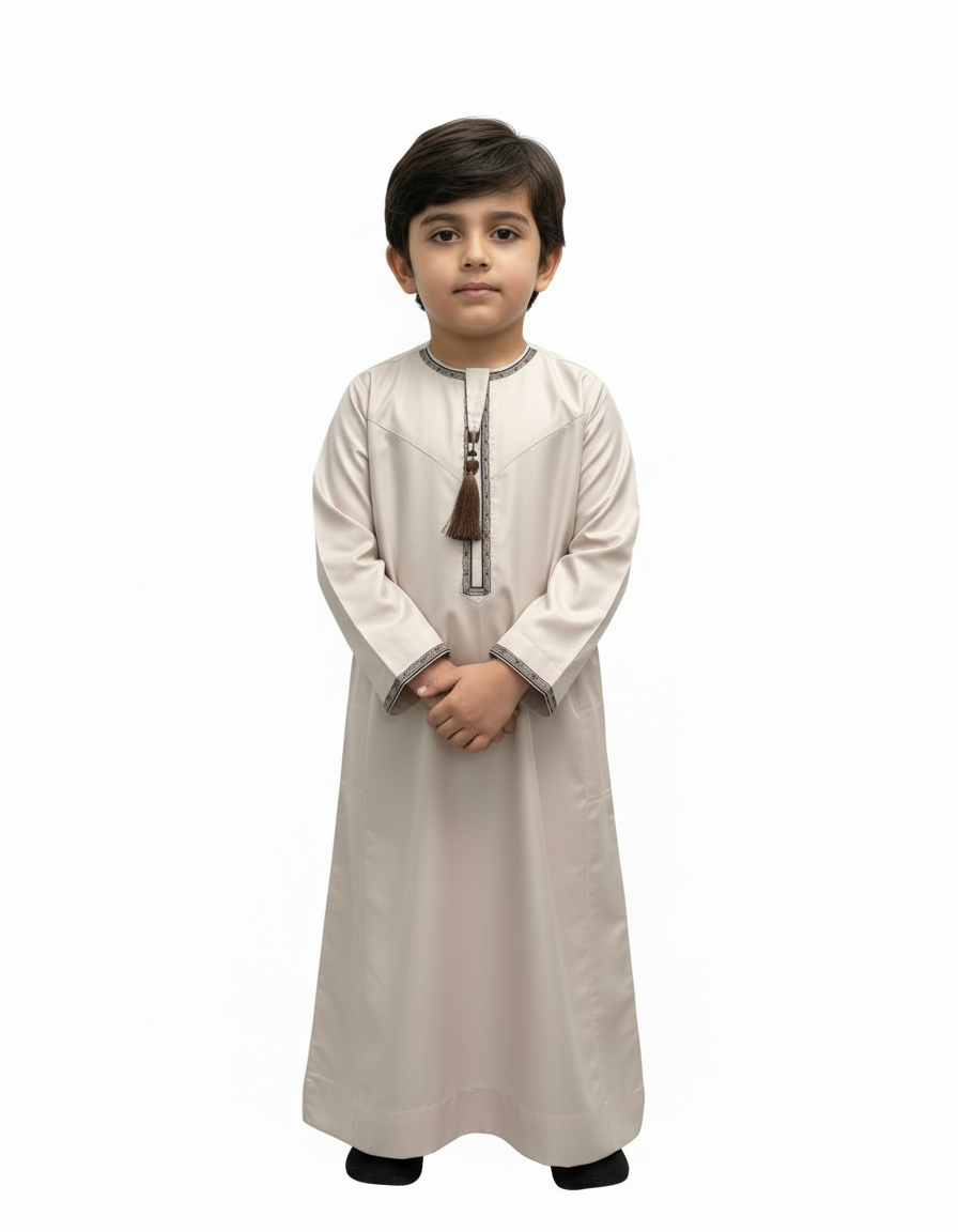 Light Brown Kids Omani Embroidered Thobe