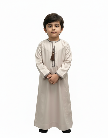 Light Brown Kids Omani Embroidered Thobe