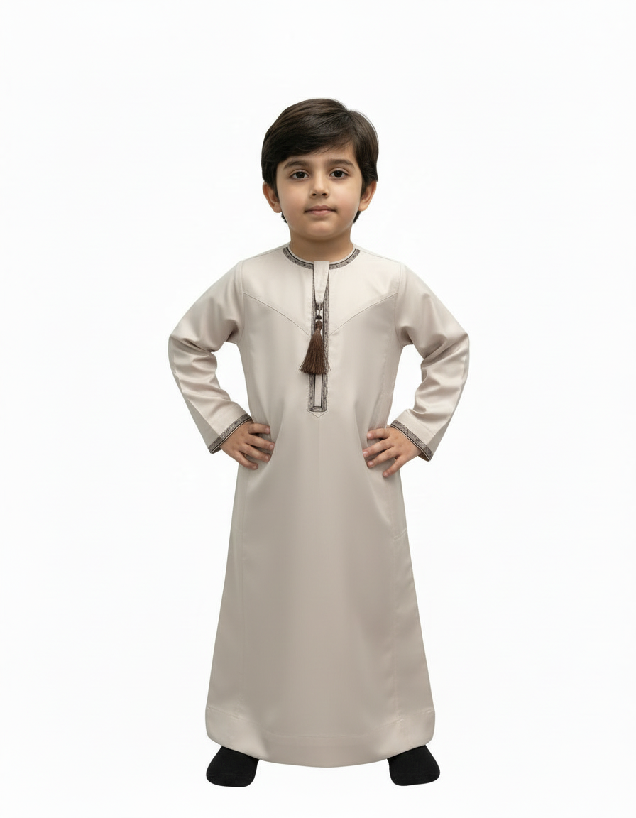 Light Brown Kids Omani Embroidered Thobe