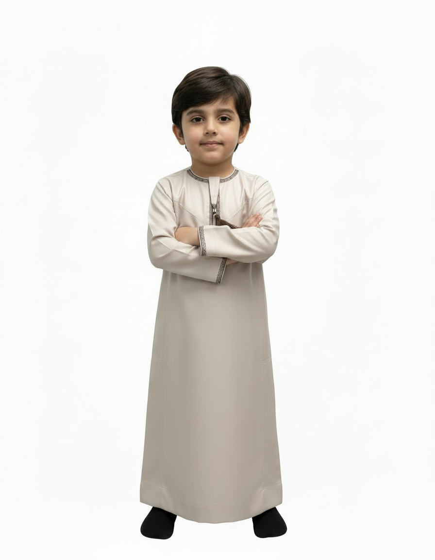 Light Brown Kids Omani Embroidered Thobe
