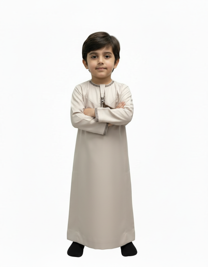 Light Brown Kids Omani Embroidered Thobe